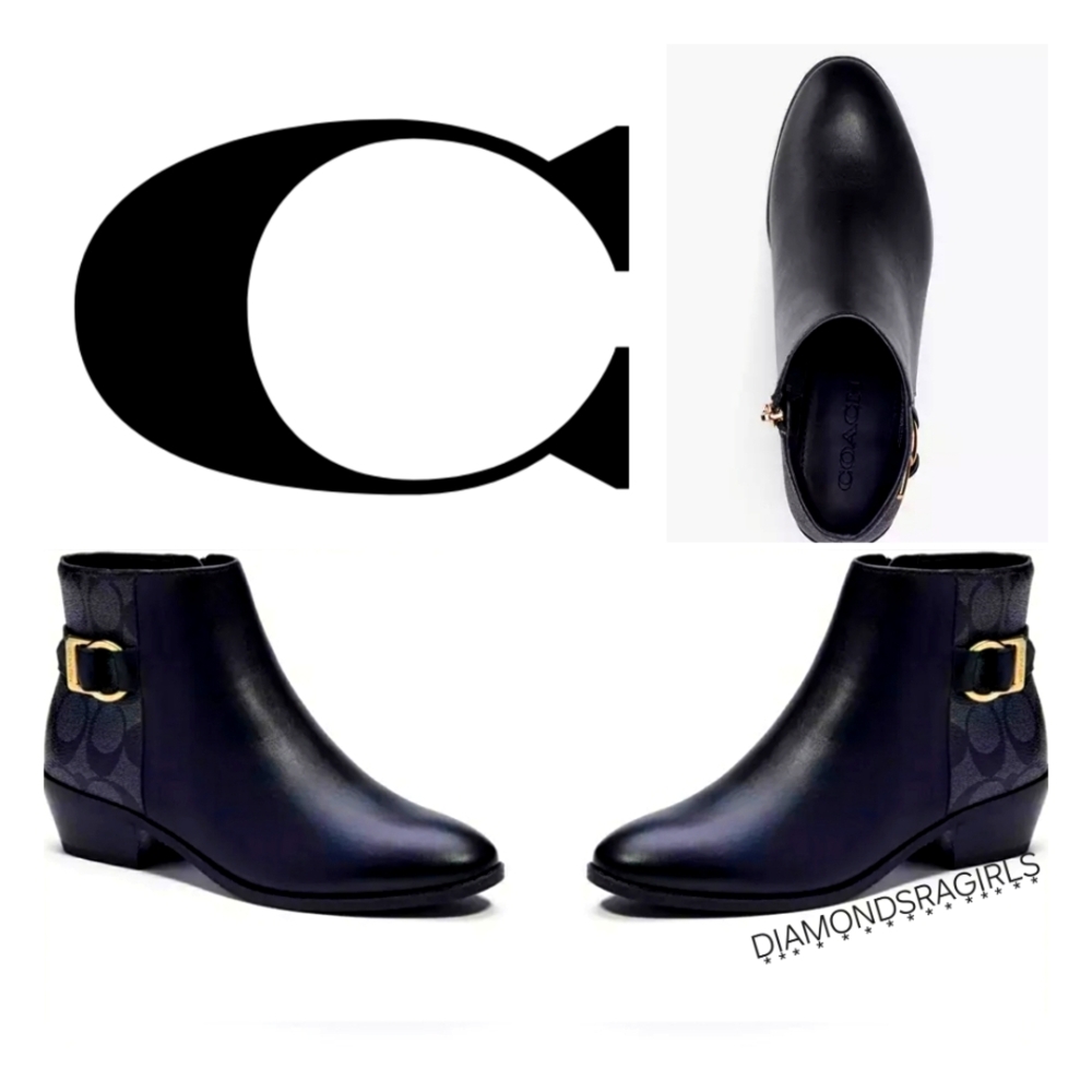 COACH Dany Black Leather Signature Logo Ankle Boots Womens 8.5 NIB FIRM PRICE